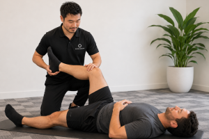 Physio - working on knee of male patient - lying down